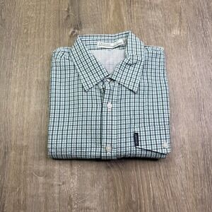 Criquet Mens Green White Check Seersucker Short Sleeve Button-Up Shirt Size L